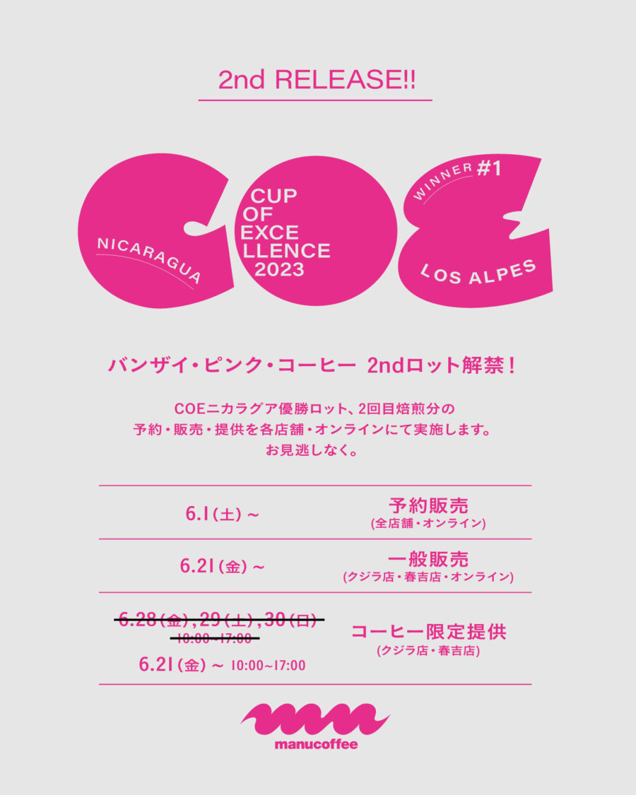 COEニカラグア優勝ロット、2回目（最終）焙煎分の販売について